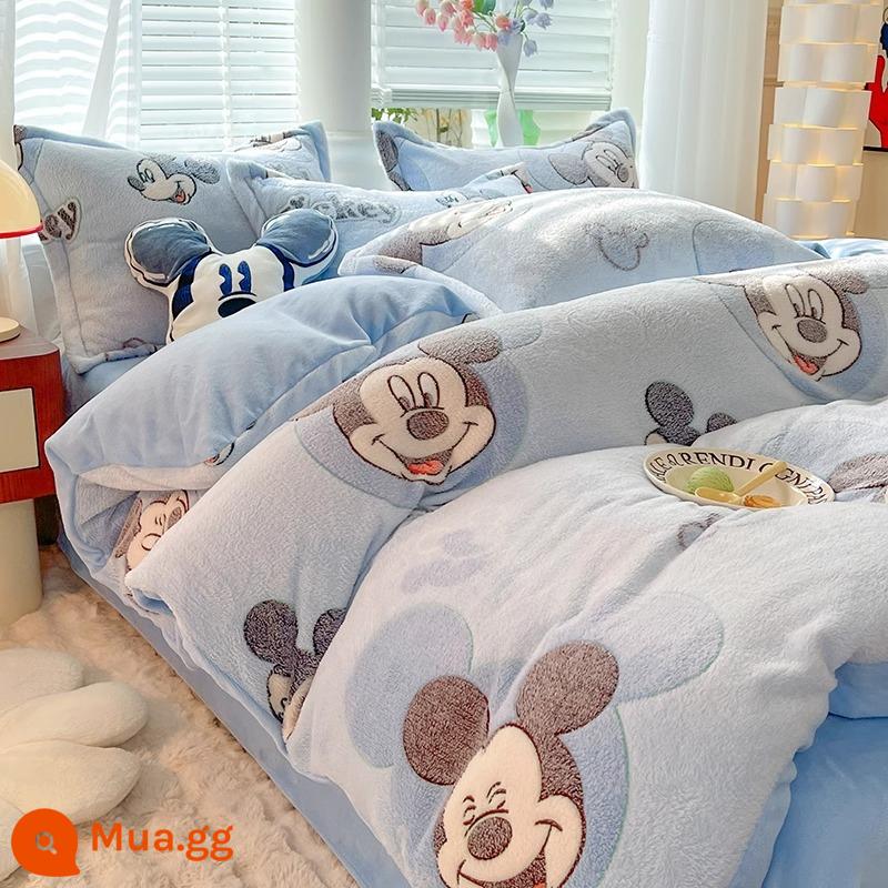 Mùa Đông Dày Sữa Nhung Giường 4 Ấm 2 Mặt Nhung San Hô Thu Đông Vỏ Chăn Plus Nhung 3 Bộ Giường - YY Heartbeat Mickey [lông cừu sữa mềm mại và thân thiện với da, dày và ấm]