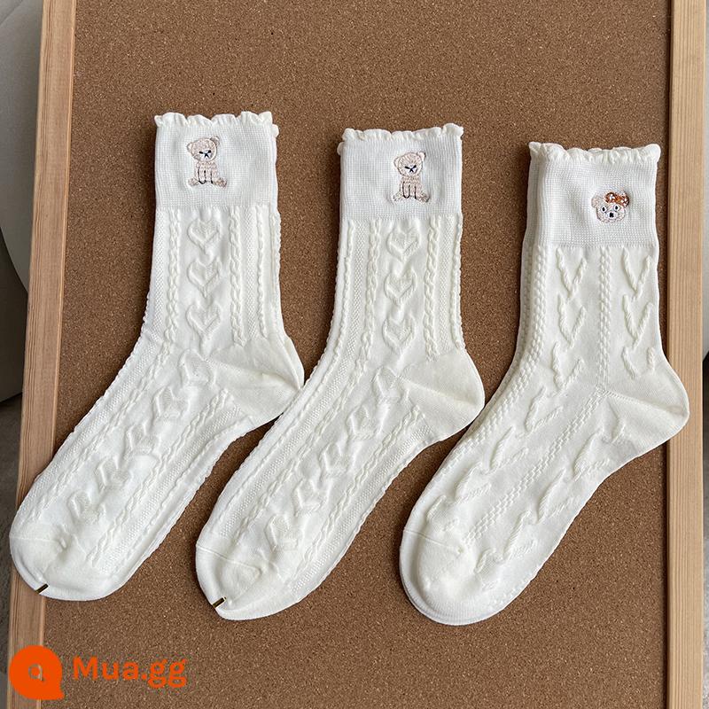 Tất Trắng Nữ Xuân Thu Cotton Nguyên Chất Đến Giữa Bắp Chân Dễ Thương Phong Cách Nhật Bản Giày Da Nhỏ Hợp Thời Trang Tất Dài Học Sinh Mùa Hè Mỏng - Đầu nghiêng trắng + đầu nghiêng trắng + nơ trắng