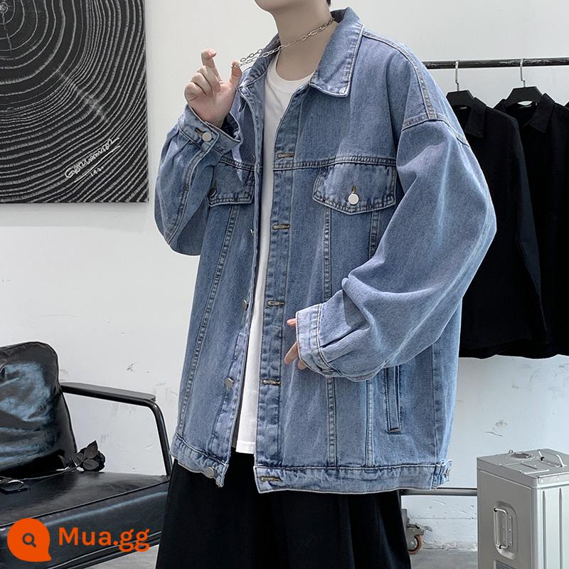 Áo khoác denim nam mùa xuân đường phố thương hiệu cộng với nhung giản dị áo khoác phong cách Hồng Kông đẹp trai dày rộng dụng cụ quần áo - Màu xanh nhạt