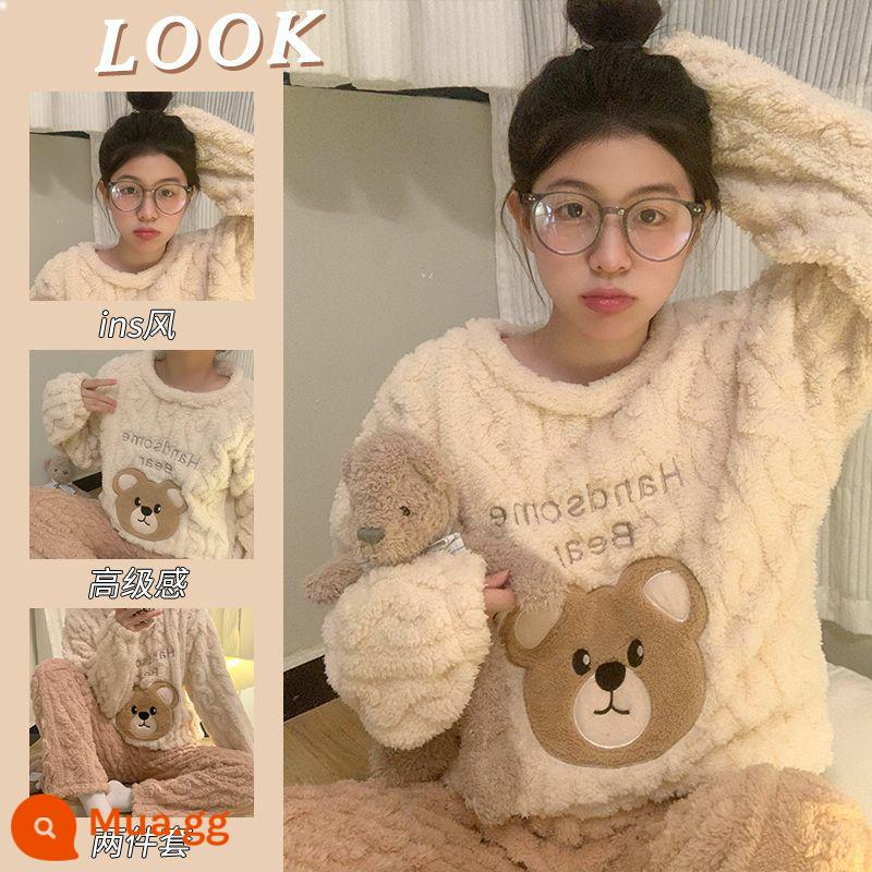 Bộ đồ ngủ lông cừu san hô phụ nữ có thể mặc flannel chất lượng cao mùa đông ấm áp mùa thu và mùa đông phù hợp với dịch vụ tại nhà - Gấu thêu kiểu nhung