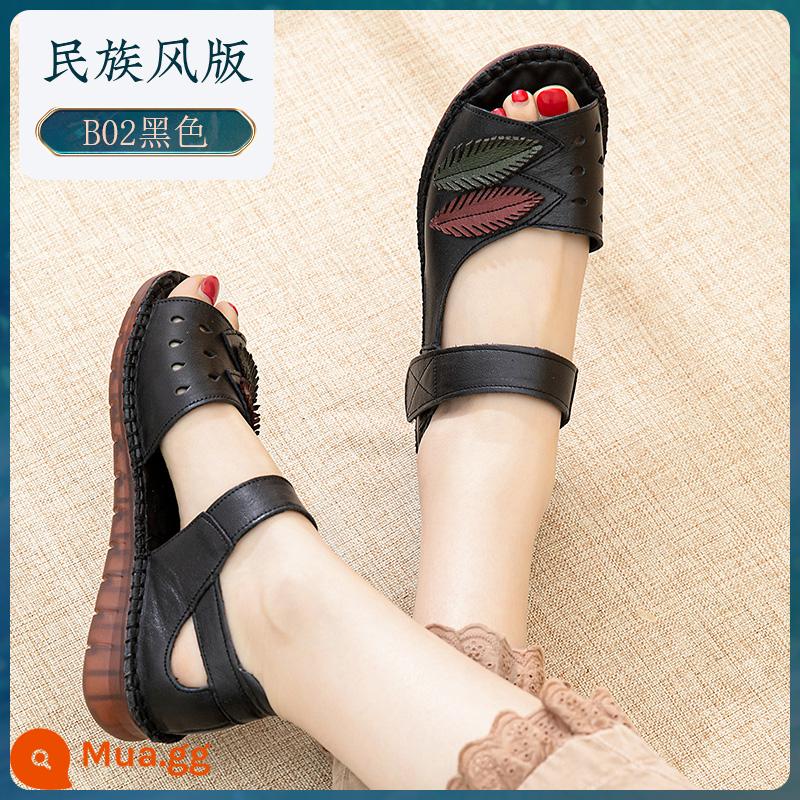 Giày sandal nữ cao tuổi chống trượt mùa hè da gân đáy thoải mái Giày sandal mẹ đế mềm giày da trung niên đế bằng - Phong cách dân tộc màu đen