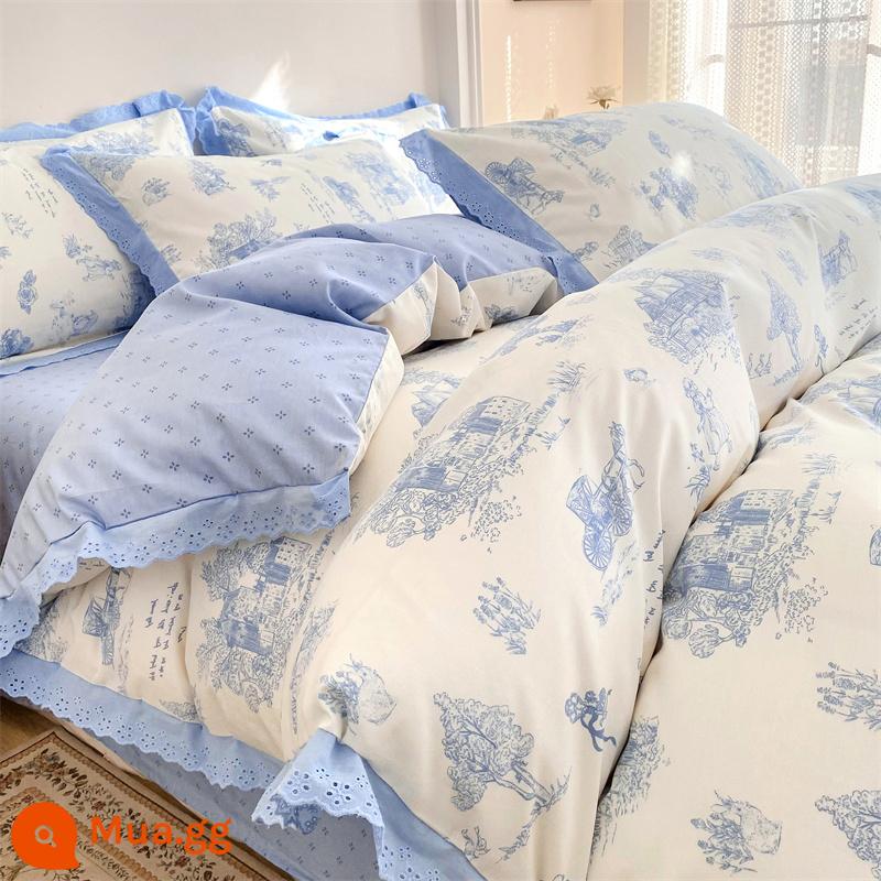 Bộ 4 món giường cotton nguyên chất tươi mát nhỏ 100 cotton ga trải giường phong cách công chúa Ren Hàn Quốc 3 mảnh vừa vặn ga chần bông 4 - Kiểu ren HTJ-Louisa [kiểu ren cotton nguyên chất]