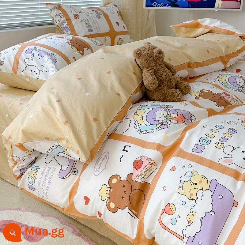 Giường cotton nguyên chất Bộ 4 món 100 cotton ký túc xá Bộ giường 3 mảnh ga trải giường mục vụ hoa vỏ chăn 4 bộ đồ giường phong cách công chúa - XK khâu cô gái và gấu