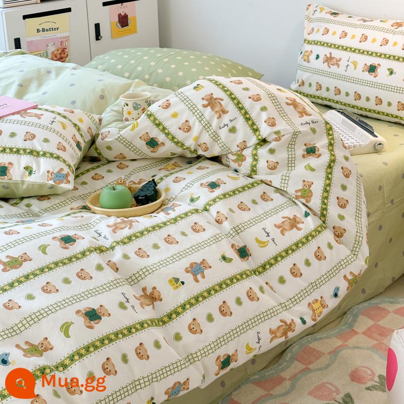 Giường cotton nguyên chất Bộ 4 món 100 cotton ký túc xá Bộ giường 3 mảnh ga trải giường mục vụ hoa vỏ chăn 4 bộ đồ giường phong cách công chúa - Gấu sọc dọc XK