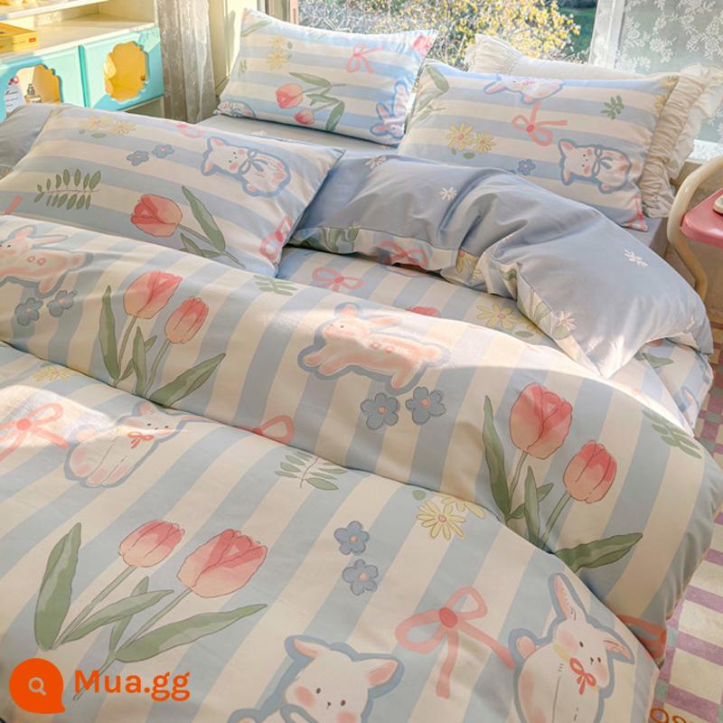 Bộ 4 món giường cotton nguyên chất theo phong cách Ins 100 cotton chăn ga gối trẻ em hoạt hình ký túc xá bộ 3 món chăn ga gối trang bị ga - Thỏ hoa MX