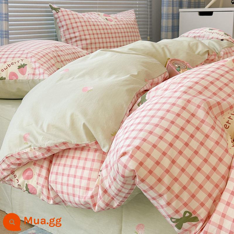 Giường cotton nguyên chất Bộ 4 món 100 cotton ký túc xá Bộ giường 3 mảnh ga trải giường mục vụ hoa vỏ chăn 4 bộ đồ giường phong cách công chúa - XK Kẻ Sọc Dâu Tây Ngọt Ngào