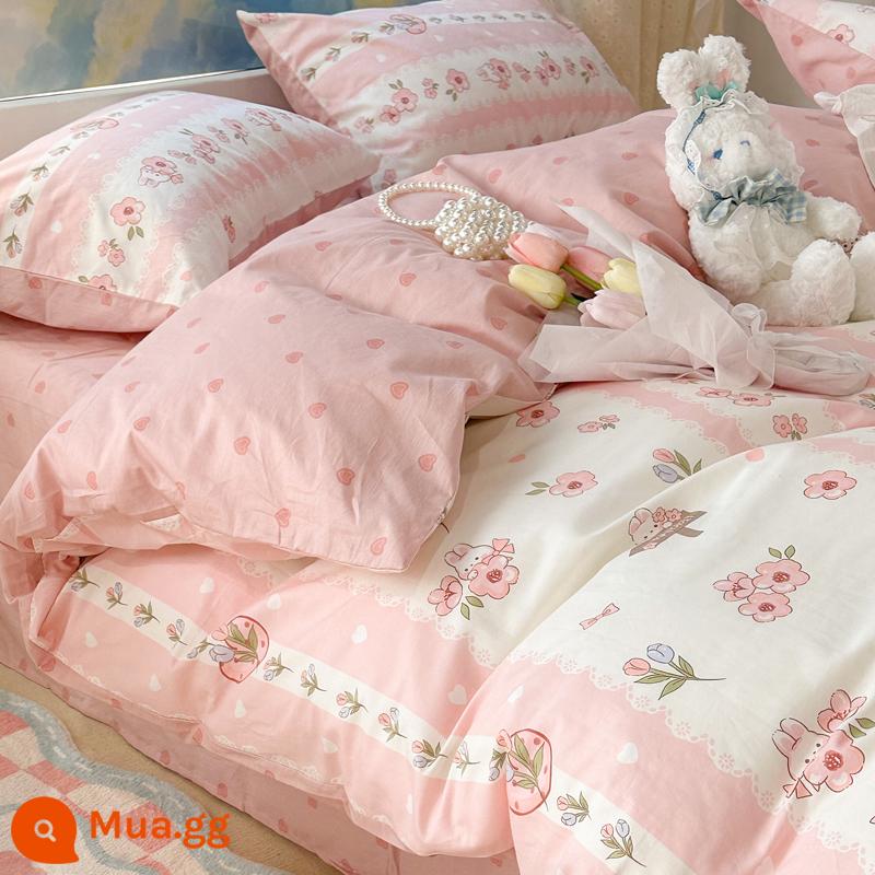 Giường cotton nguyên chất Bộ 4 món 100 cotton ký túc xá Bộ giường 3 mảnh ga trải giường mục vụ hoa vỏ chăn 4 bộ đồ giường phong cách công chúa - XK Annie Thỏ