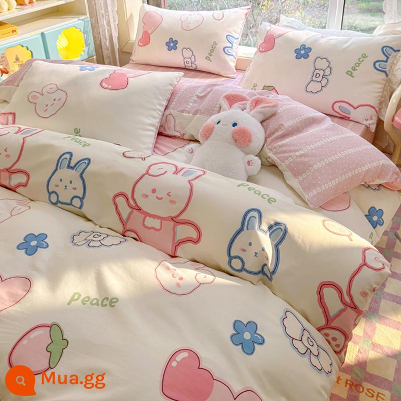 Bộ 4 món giường cotton nguyên chất theo phong cách Ins 100 cotton chăn ga gối trẻ em hoạt hình ký túc xá bộ 3 món chăn ga gối trang bị ga - MX thỏ dễ thương