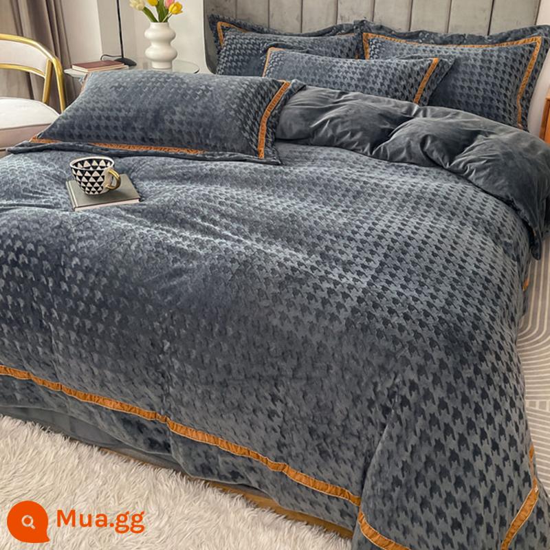 Mùa Đông 2 Mặt Sữa Dày Dép Nỉ Giường 4 Bộ Mùa Đông Nỉ San Hô Tờ houndstooth Plus Nhung Vỏ Chăn - AY houndstooth màu xám [kiểu nhung dày dặn]