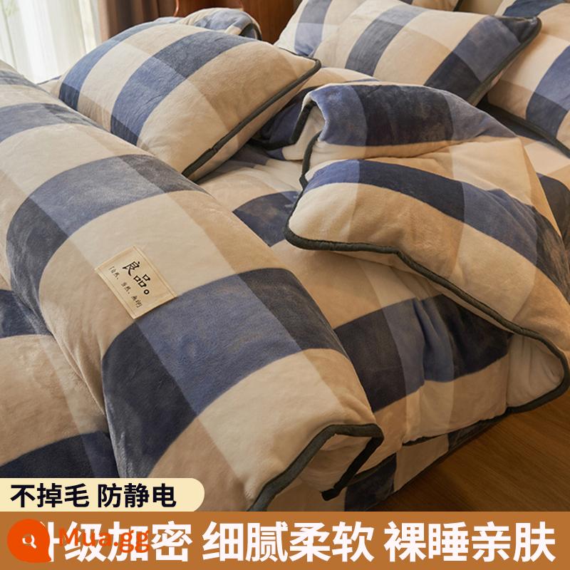 Lông cừu san hô vỏ chăn đơn sữa flannel chăn lõi bao nhung 2 mặt đôi đơn mùa đông ấm áp làm dày - Lưới lớn màu xanh (dày và nhung)