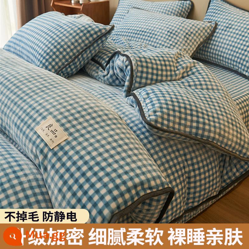 Lông cừu san hô vỏ chăn đơn sữa flannel chăn lõi bao nhung 2 mặt đôi đơn mùa đông ấm áp làm dày - Lưới màu xanh (dày và nhung)