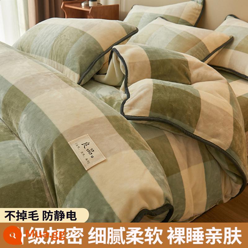 Lông cừu san hô vỏ chăn đơn sữa flannel chăn lõi bao nhung 2 mặt đôi đơn mùa đông ấm áp làm dày - Lưới lớn màu xanh lá cây (dày và nhung)