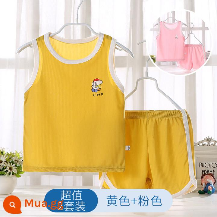 Áo vest trẻ em phù hợp với phần mỏng phương thức nhà bé trai và bé gái không tay điều hòa không khí quần áo bé băng lụa đồ ngủ mùa hè - vàng + hồng