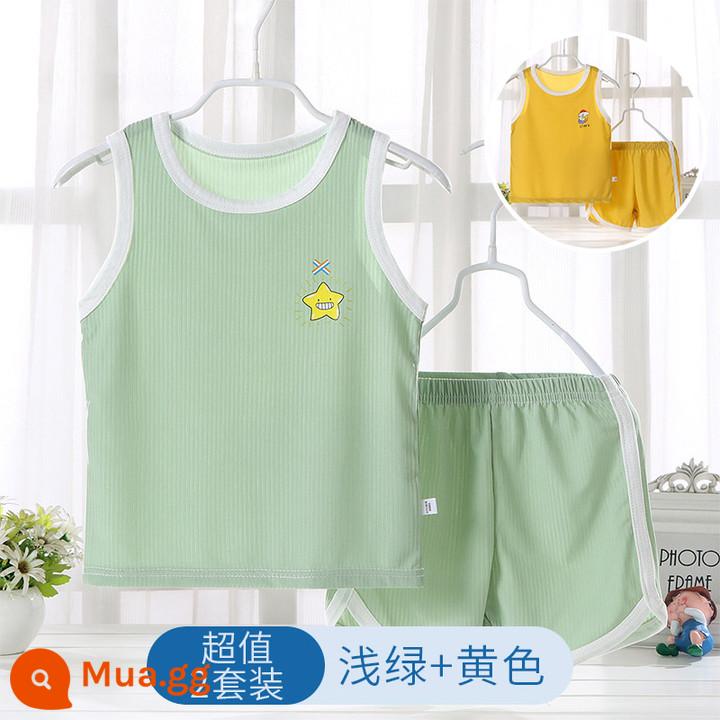 Áo vest trẻ em phù hợp với phần mỏng phương thức nhà bé trai và bé gái không tay điều hòa không khí quần áo bé băng lụa đồ ngủ mùa hè - xanh nhạt + vàng