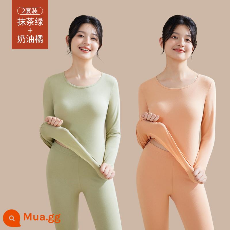 Quần áo sưởi ấm cho nữ, quần áo mùa thu, bộ quần vệ sinh, cotton nguyên chất, kiểu dáng mới, nhung, áo lót dày, áo len cotton, mùa thu đông - [Bộ 2 màu trơn] Xanh Matcha + Cam Kem (Bông nguyên chất hữu cơ ấm hơn)