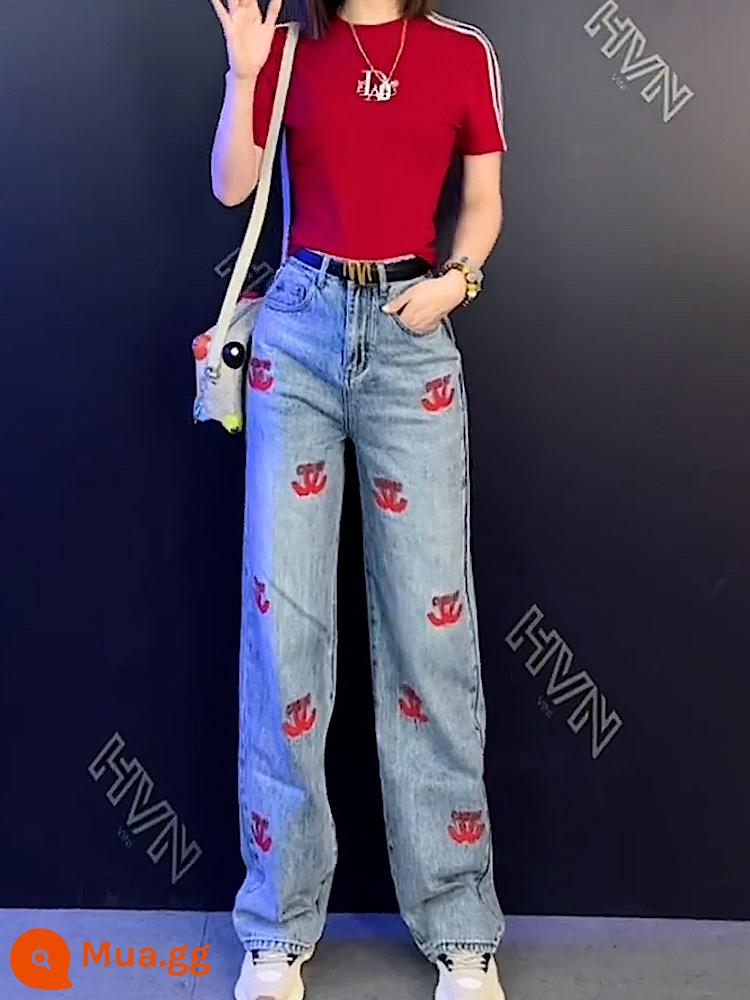 Thiết Kế Màu Đỏ Thêu Xanh Dương Cao Cấp Denim Quần Ống Rộng In Cổ Tròn Áo Thun Nữ Tay Ngắn Bộ 2 Nữ - quần màu hình ảnh