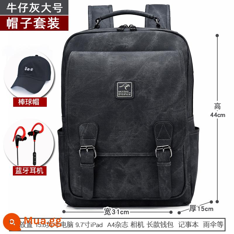 Musko Kangaroo Ba Lô Nam Sinh Viên Schoolbag Xu Hướng Giải Trí Công Suất Lớn Túi Máy Tính Ba Lô Du Lịch - Denim xám lớn + mũ bóng chày + tai nghe Bluetooth