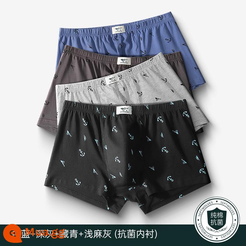 Septwolves Quần Lót Nam Bé Trai Cotton Kháng Khuẩn Boxer Nam Đầu Boxer Nam Cotton Rời Quần Short - [In neo · cotton nguyên chất kháng khuẩn] xanh vừa + xám đậm + xanh nước biển + xám gai nhạt