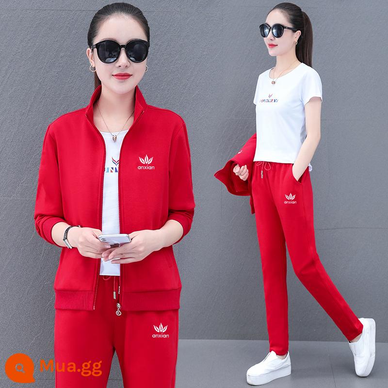 Bộ đồ thể thao nữ đích thực chính thức dành cho nữ mùa xuân mới thời trang chạy bộ cardigan cotton dày T mẹ mùa xuân hai bộ - Bộ ba mảnh màu đỏ