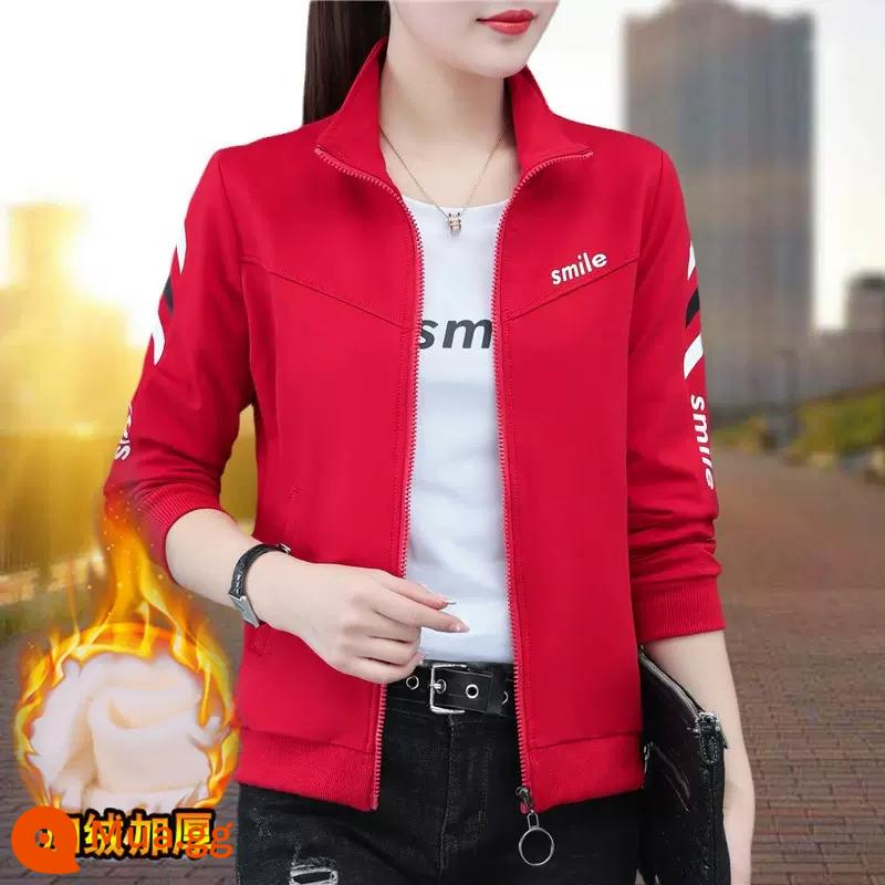 Bộ đồ thể thao nữ đích thực chính thức dành cho nữ mùa xuân mới thời trang chạy bộ cardigan cotton dày T mẹ mùa xuân hai bộ - Áo lót lông cừu màu đỏ*