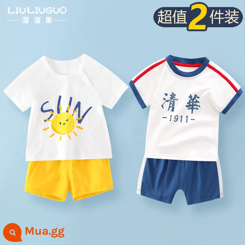 Bộ quần áo ngắn tay 2 món trẻ em cotton bé trai mùa hè quần short mùa hè bé gái Bộ đồ ngủ mùa hè cho bé quần áo mặc ở nhà cho bé - Bộ đồ ngắn tay (sun+Tsinghua)