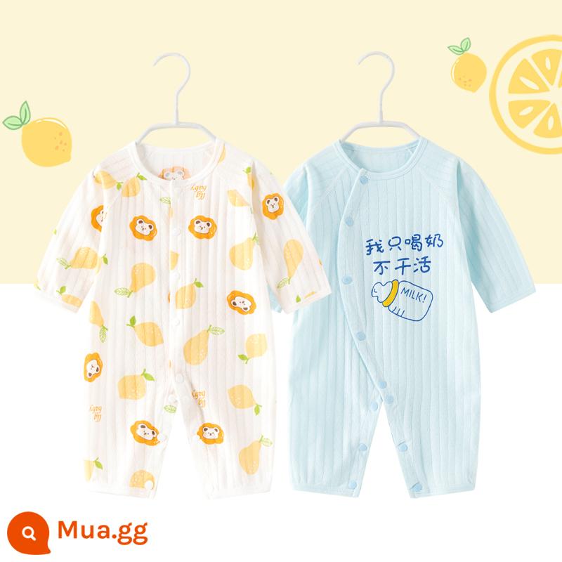 2 miếng thỏ sơ sinh quần áo trẻ em nam và nữ áo liền quần mùa xuân và mùa thu trẻ sơ sinh cotton nguyên chất dài tay quần áo mùa xuân - Tay áo dài mỏng (quả lê gấu nhỏ + màu xanh chỉ uống sữa)