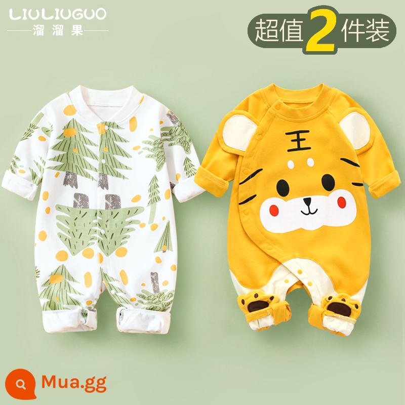 2 bộ quần áo sơ sinh cho bé 0-18 tháng, áo liền quần cotton nguyên chất mùa thu đông, quần áo hậu cung dài tay mùa xuân thu, quần áo mùa thu - Tay áo dài (rừng nhỏ + chú hổ nhỏ dễ thương) phong cách bốn mùa