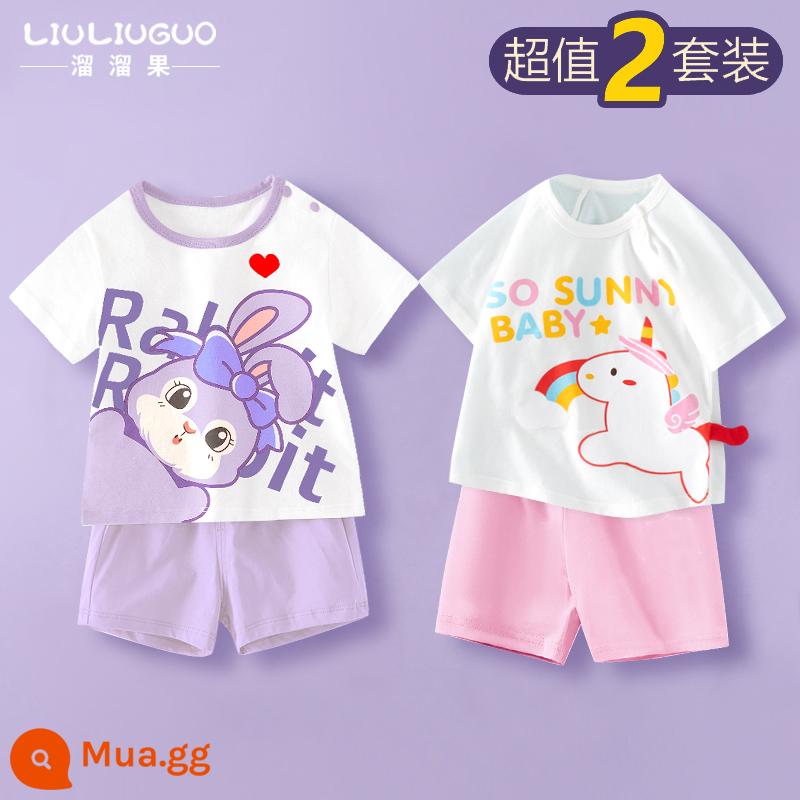 Bộ quần áo ngắn tay 2 món trẻ em cotton bé trai mùa hè quần short mùa hè bé gái Bộ đồ ngủ mùa hè cho bé quần áo mặc ở nhà cho bé - Bộ đồ ngắn tay (thỏ Anh + kỳ lân)