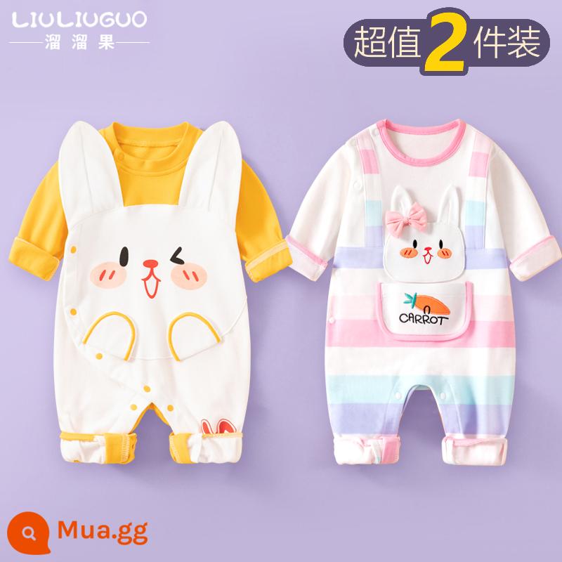 2 bộ quần áo sơ sinh cho bé 0-18 tháng, áo liền quần cotton nguyên chất mùa thu đông, quần áo hậu cung dài tay mùa xuân thu, quần áo mùa thu - Tay áo dài (thỏ nhỏ dễ thương + thỏ sọc hồng) phong cách bốn mùa