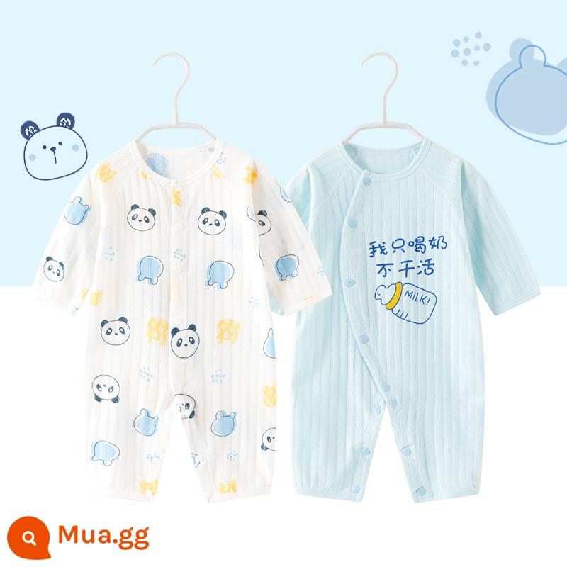 2 bộ quần áo sơ sinh cho bé 0-18 tháng, áo liền quần cotton nguyên chất mùa thu đông, quần áo hậu cung dài tay mùa xuân thu, quần áo mùa thu - Tay áo mỏng dài (gấu trúc đỏ + xanh chỉ uống sữa)