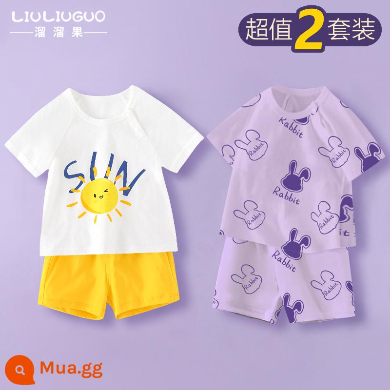 Bộ quần áo ngắn tay 2 món trẻ em cotton bé trai mùa hè quần short mùa hè bé gái Bộ đồ ngủ mùa hè cho bé quần áo mặc ở nhà cho bé - Bộ đồ ngắn tay (mặt trời + đầu thỏ tím khoai môn)