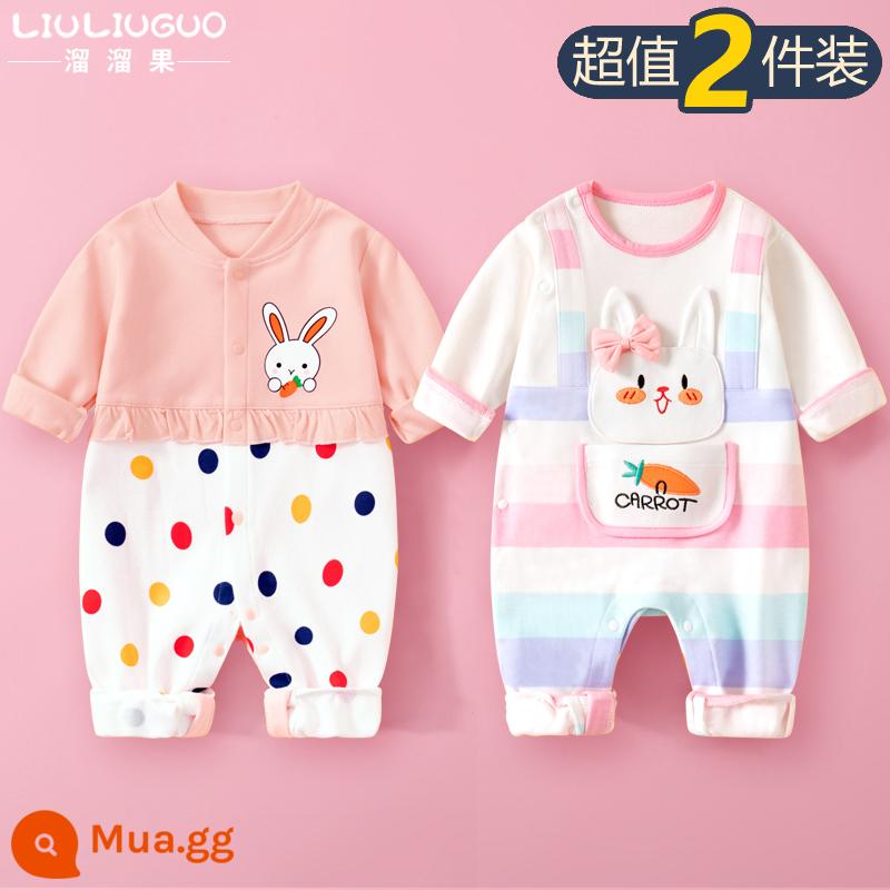 2 bộ quần áo sơ sinh cho bé 0-18 tháng, áo liền quần cotton nguyên chất mùa thu đông, quần áo hậu cung dài tay mùa xuân thu, quần áo mùa thu - Tay dài (Thỏ hồng công chúa + Thỏ sọc hồng) Bốn Mùa