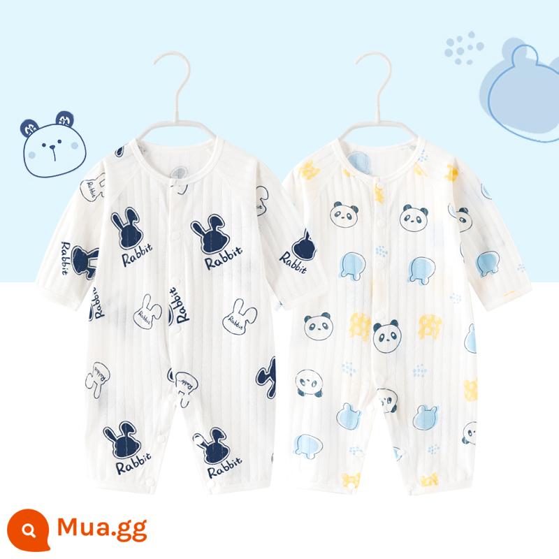 2 bộ quần áo sơ sinh cho bé 0-18 tháng, áo liền quần cotton nguyên chất mùa thu đông, quần áo hậu cung dài tay mùa xuân thu, quần áo mùa thu - Tay áo dài mỏng (đầu thỏ trắng + gấu trúc đỏ)