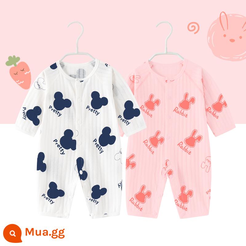 2 miếng thỏ sơ sinh quần áo trẻ em nam và nữ áo liền quần mùa xuân và mùa thu trẻ sơ sinh cotton nguyên chất dài tay quần áo mùa xuân - Tay áo mỏng dài (chuột hoạt hình + đầu thỏ hồng)