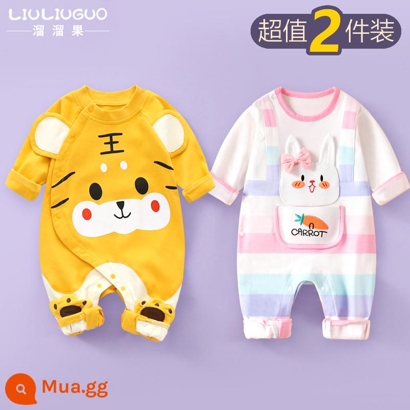 2 bộ quần áo sơ sinh cho bé 0-18 tháng, áo liền quần cotton nguyên chất mùa thu đông, quần áo hậu cung dài tay mùa xuân thu, quần áo mùa thu - Tay áo dài (con hổ nhỏ dễ thương + thỏ sọc hồng) phong cách bốn mùa