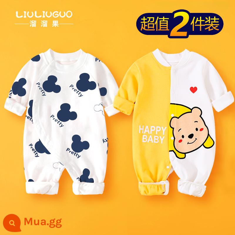 2 bộ quần áo sơ sinh cho bé 0-18 tháng, áo liền quần cotton nguyên chất mùa thu đông, quần áo hậu cung dài tay mùa xuân thu, quần áo mùa thu - Tay áo dài (chuột hoạt hình + gấu vui vẻ) phong cách bốn mùa