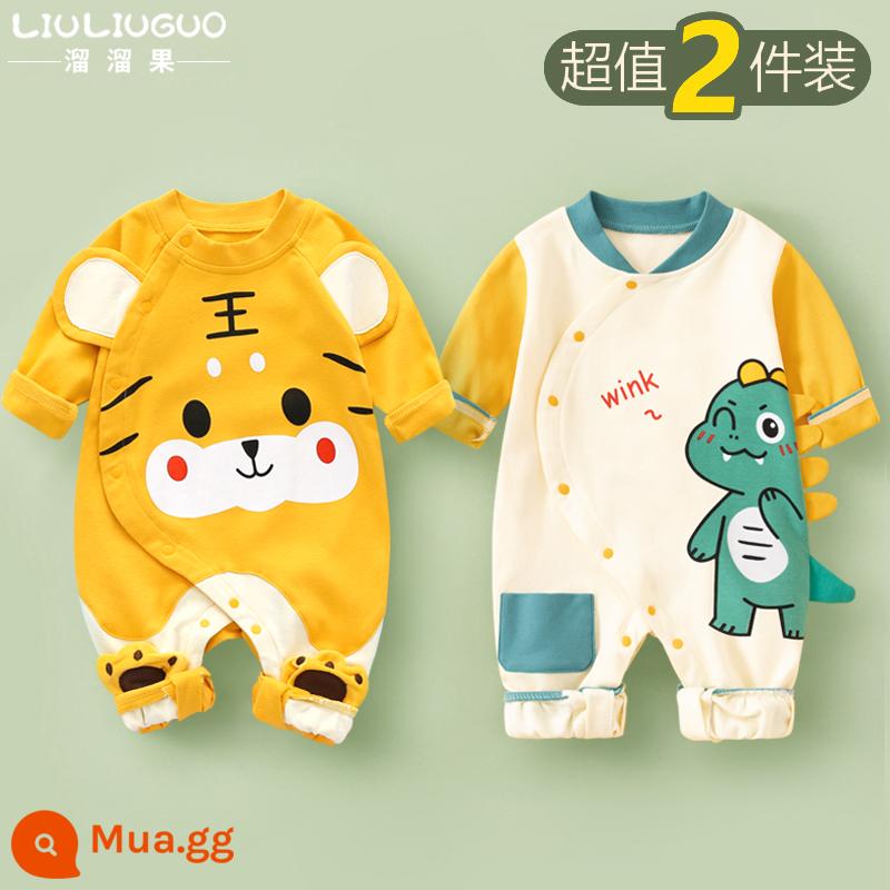 2 bộ quần áo sơ sinh cho bé 0-18 tháng, áo liền quần cotton nguyên chất mùa thu đông, quần áo hậu cung dài tay mùa xuân thu, quần áo mùa thu - Tay áo dài (hổ nhỏ dễ thương + khủng long nhỏ dễ thương) phong cách bốn mùa