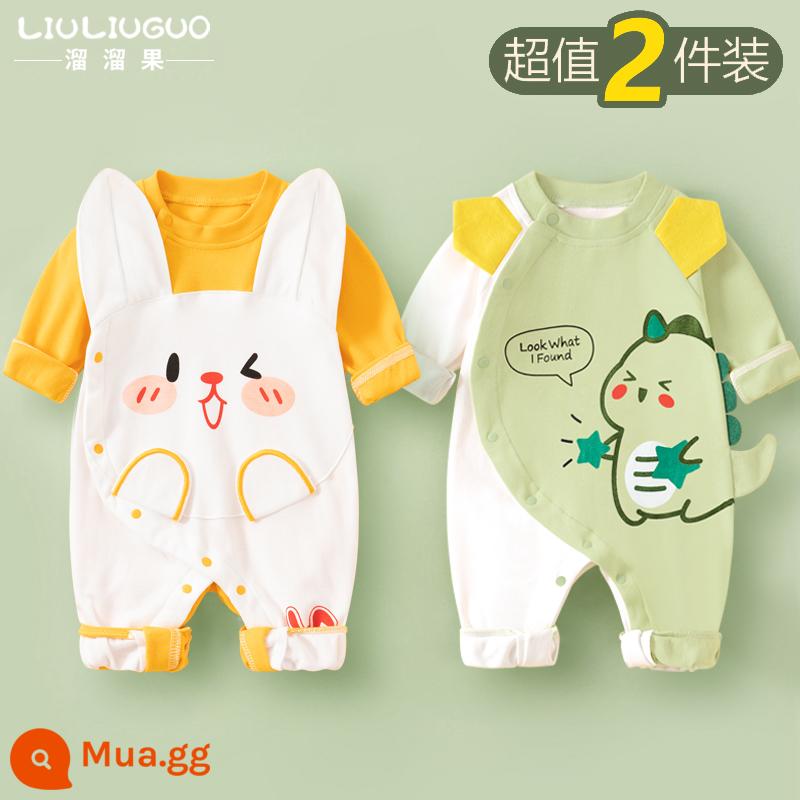 2 bộ quần áo sơ sinh cho bé 0-18 tháng, áo liền quần cotton nguyên chất mùa thu đông, quần áo hậu cung dài tay mùa xuân thu, quần áo mùa thu - Tay áo dài (thỏ nhỏ dễ thương + khủng long xanh) phong cách bốn mùa