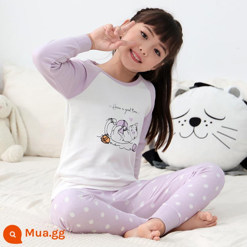 Catman Bé Gái Quần Áo Mùa Thu Quần Vệ Sinh Trẻ Em Lớn Bé Gái Cotton Bộ Đồ Lót Trẻ Em Thanh Thiếu Niên Cotton Nguyên Chất Bộ Đồ Ngủ Áo Len Cotton - M21706 - Cổ tròn