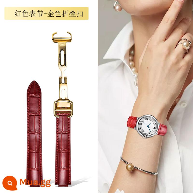 Dây đeo Langdong phù hợp với Cartier Dây đeo bóng màu xanh da bò Cartier Dây đeo màu hồng da bò thật - Dây đeo màu đỏ + khóa gấp vàng