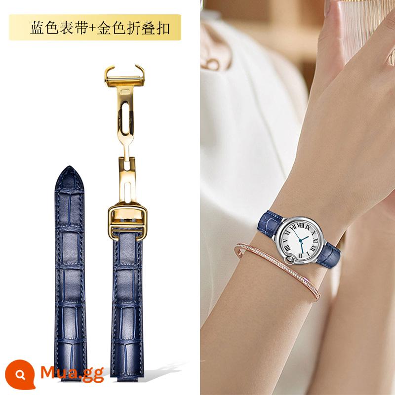 Dây đeo Langdong phù hợp với Cartier Dây đeo bóng màu xanh da bò Cartier Dây đeo màu hồng da bò thật - Dây đeo màu xanh + khóa gấp vàng