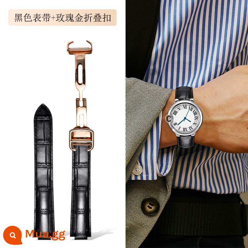 Dây đeo Langdong phù hợp với Cartier Dây đeo bóng màu xanh da bò Cartier Dây đeo màu hồng da bò thật - Dây đeo màu đen + khóa gấp màu vàng hồng