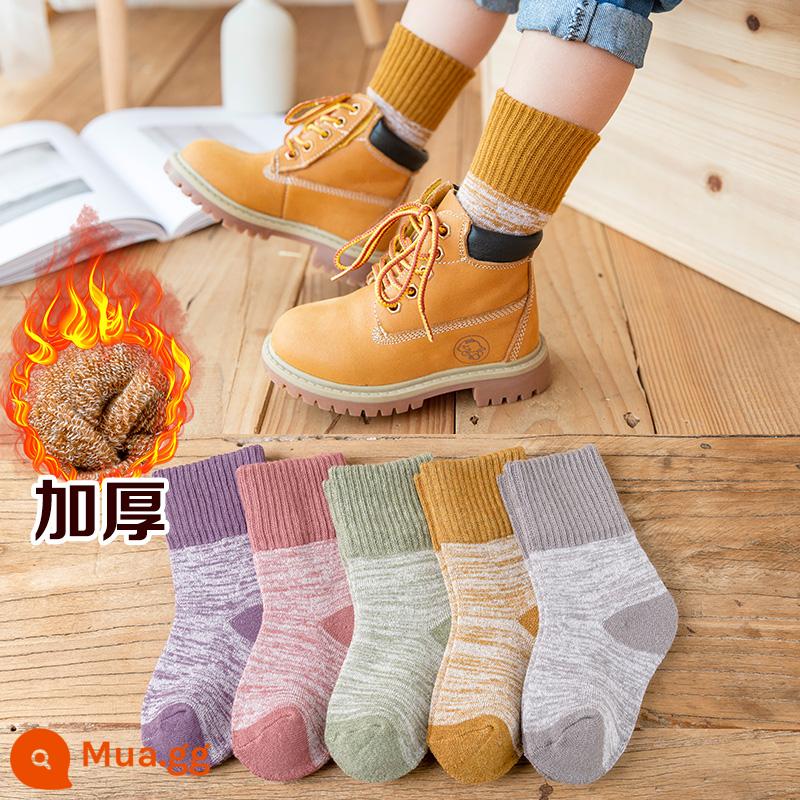 Vớ của các cô gái mùa thu và mùa đông cotton cotton mid -tube trẻ em với vòng tròn ấm làm tóc dày vào mùa đông cô gái dễ thương cho bé - Cặp ren song song miễn phí-5 cặp (terry dày)