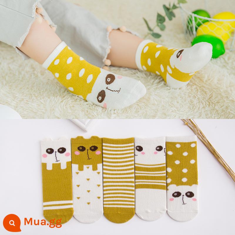 Vớ trẻ em cotton nguyên chất mùa xuân và mùa thu bé trai và bé gái trung và lớn bé trai mùa thu và mùa đông tất ống giữa bé vớ cotton em bé - Cặp Panda-5 màu vàng