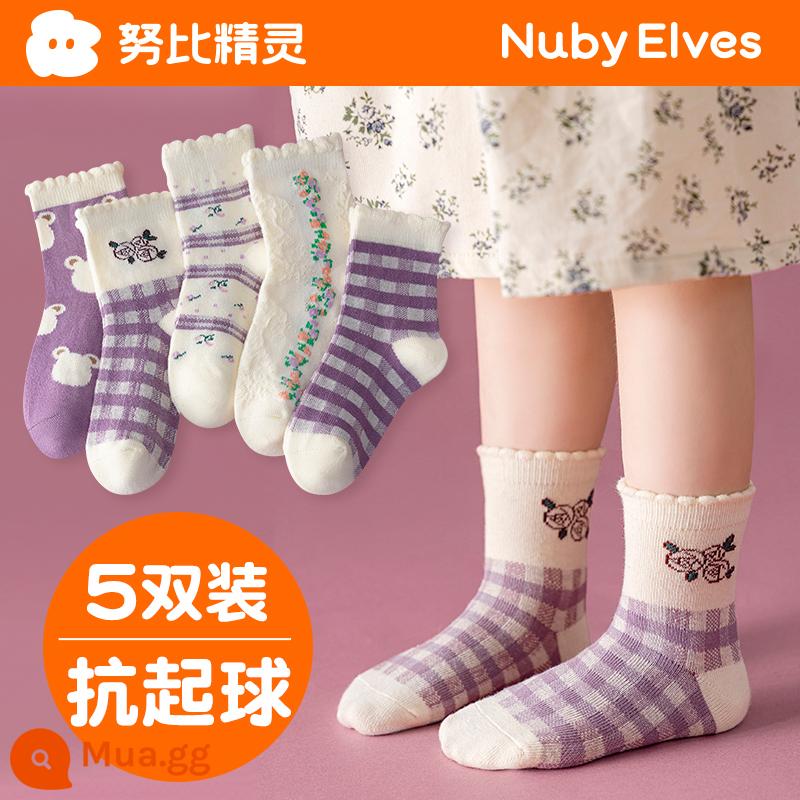 Vớ trẻ em mùa thu đông bé trai và bé gái cotton nguyên chất Plus nhung dày dặn tất bé trai và bé gái tất mùa đông cho bé - Bông Thuần Hoa Tím-Thu (5 đôi)