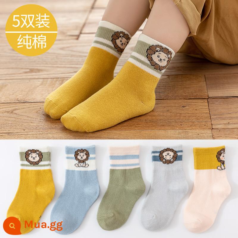 Vớ trẻ em cotton nguyên chất mùa xuân và mùa thu bé trai và bé gái trung và lớn bé trai mùa thu và mùa đông tất ống giữa bé vớ cotton em bé - L8109 Tất cotton ngang bắp chân phối màu sư tử-5 đôi