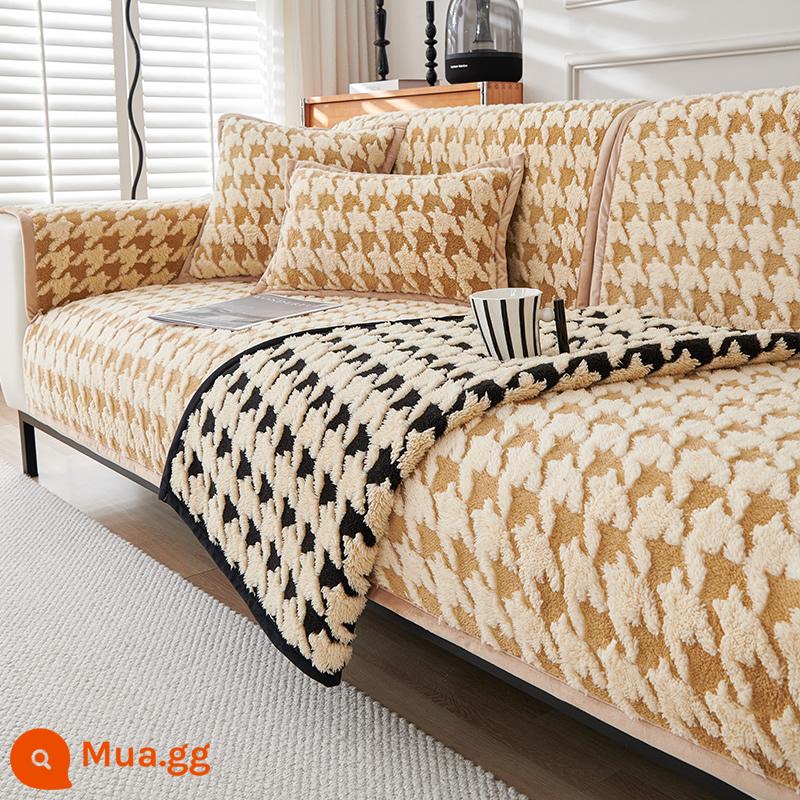 2023 Mới Houndstooth Sofa Đệm Mùa Đông Dày Sang Trọng Đệm Cao Cấp Chống Trơn Trượt Ghế Sofa Da Bao Vải - Qianshu-khaki