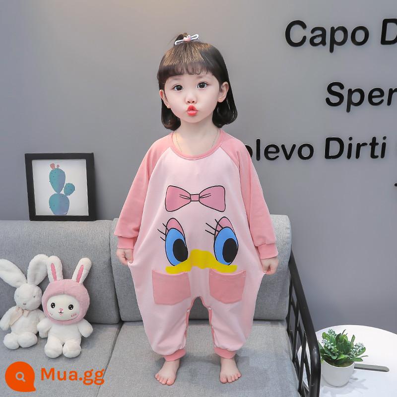 Bộ đồ ngủ một mảnh cho bé gái mùa xuân và mùa thu cotton nguyên chất Bộ đồ ngủ một mảnh cho bé gái mùa thu và mùa đông quần áo ở nhà mùa xuân cho trẻ em - Hồng