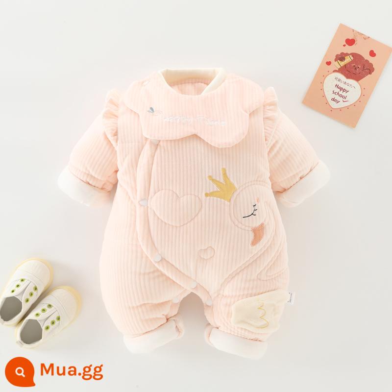 Áo liền quần sơ sinh dày ấm phù hợp với mùa thu đông nam nữ cotton cho bé quần áo liền quần cho bé chần bông ra quần áo - Thiên nga nhỏ màu hồng