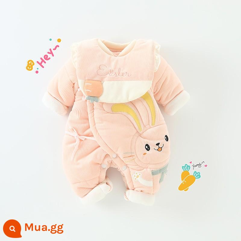 Áo liền quần sơ sinh dày ấm phù hợp với mùa thu đông nam nữ cotton cho bé quần áo liền quần cho bé chần bông ra quần áo - thỏ hồng dễ thương